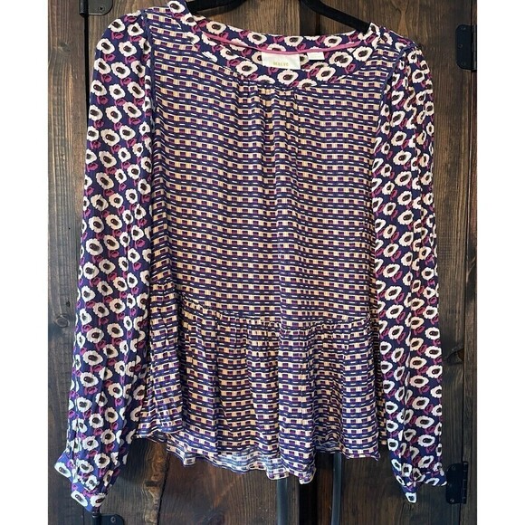 Anthropologie Maeve Purple Multicolor Cheyenne Peplum Top Small - Picture 2 of 7
